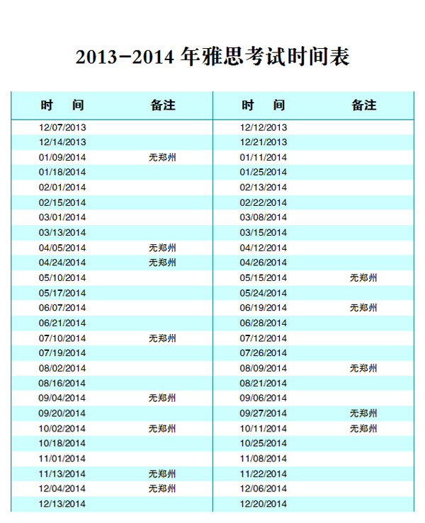 2013年至2014年雅思考试时间表